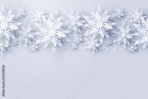 Vector Merry Christmas and Happy New Year greeting card design with realistic looking paper cut snowflakes. Seasonal Christmas and New Year holidays paper craft background template for banner, flyer