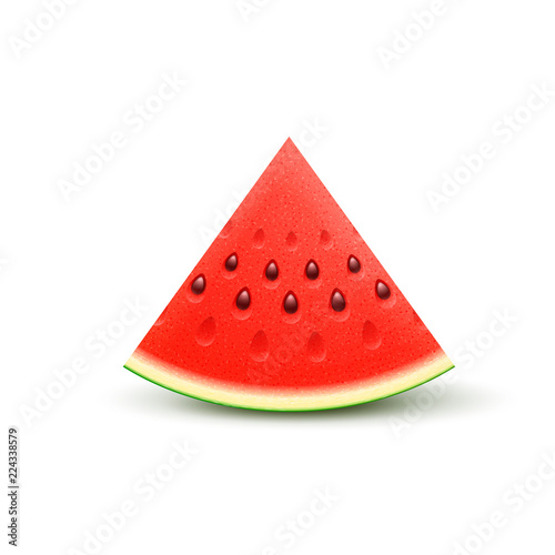 Watermelon sliced fruit juicy piece of cut isolated on white background. Vector realistic wedge of fresh ripe sweet watermelon fruit. 3d realistic icon