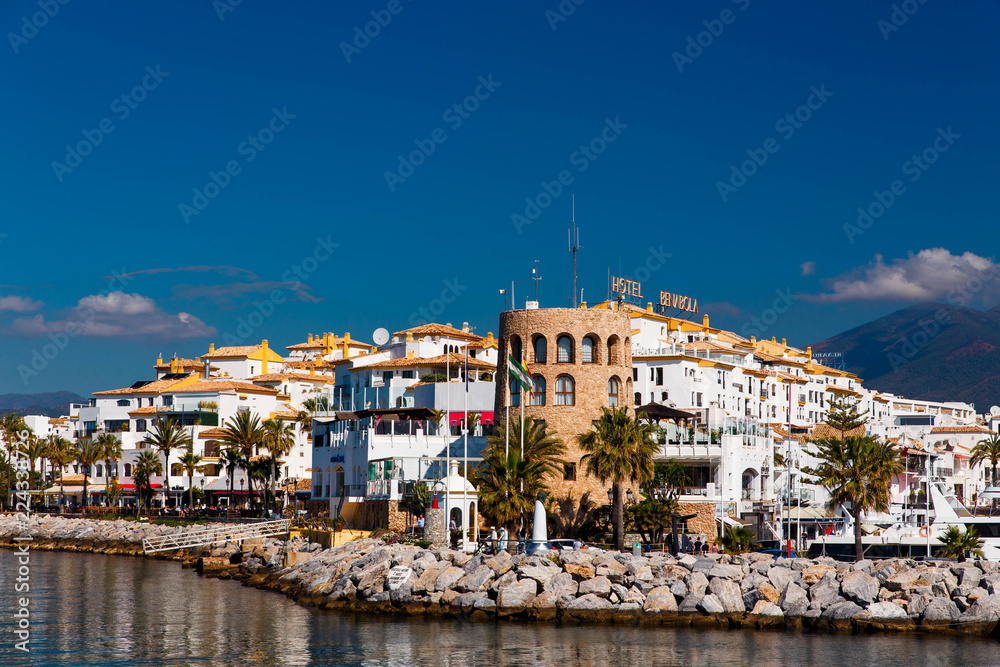 View of City Street Lined with Restaurants in Puerto Banus, Marbella,  Spain. Editorial Image - Image of people, exterior: 194813220
