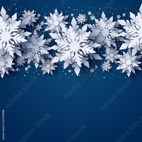 Vector Merry Christmas and Happy New Year greeting card design with white layered paper cut snowflakes on dark blue background. Seasonal Christmas and New Year holidays paper art banner, poster