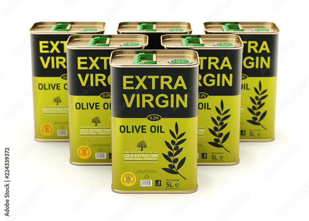 Olive oil can with label on white background. Logo Olive Oil Extra