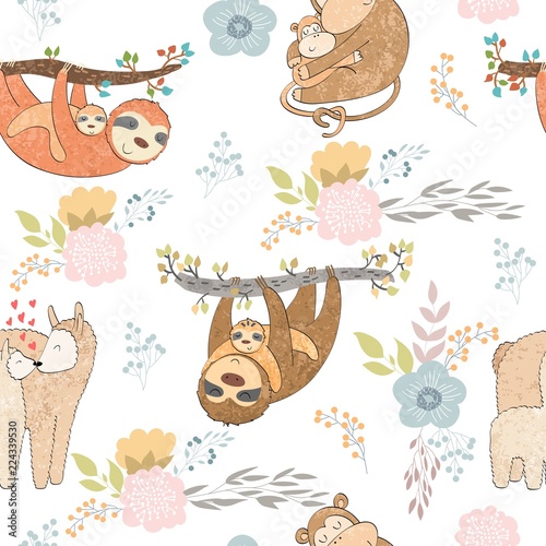 Seamless pattern. Vector animals mums and babies.