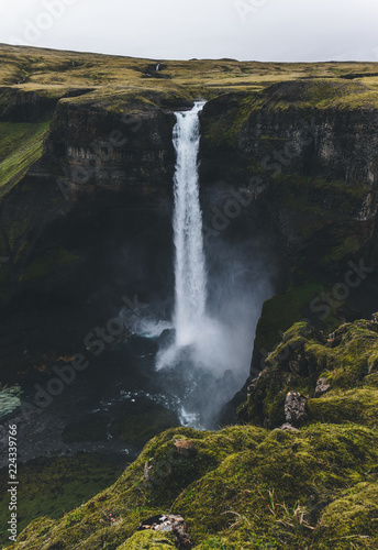 Aerial view of dramatic Haifoss waterfall in Iceland