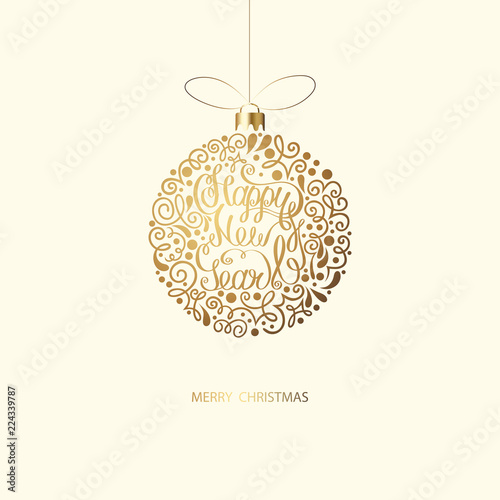 Merry Christmas and Happy New Year greeting card with Christmas ball.