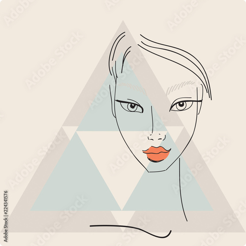 Beautiful stylish young woman face on light background with triangle geometric shapes. Style of 80s