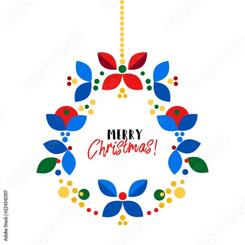 Merry Christmas  Happy New Year card design. Abstract flat xmas wreath traditional winter holidays decoration. Elegant design for greeting cards  postcards  invitation cards  gift tags. Vector