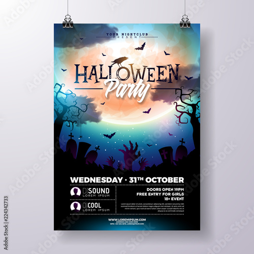Halloween Party flyer vector illustration with zombie hands and flying bats on mysterious moon background. Holiday design template with spider and cemetery for party invitation, greeting card, banner