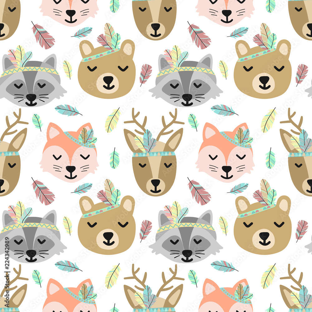 Seamless pattern of cartoon cute animals and feathers in Boho style. Hand-drawn illustration with the image of deer, fox, raccoon, and bear for use to print, background, wrapping paper, greeting card.