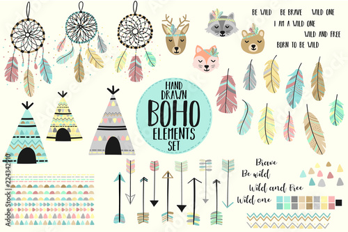 Vector image of a collection of icons in the style of Boho. Cartoon image of dreamcatchers, arrows, feathers, cute animals, fox, deer, raccoon, bear, lodges, Native American motifs, triangles.