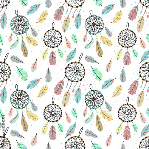 Seamless pattern of dreamcatchers and feathers in boho style. Hand-drawn cart...