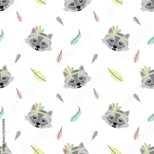 Seamless pattern of cartoon cute  raccoon and feathers in Boho style. Hand-drawn illustration using as a print, background, wrapping paper, postcard.