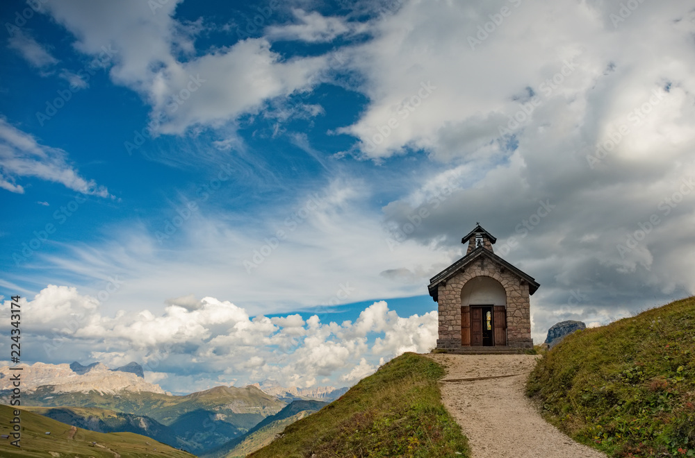 little church on Passo Pordoi Dolomites, Italy