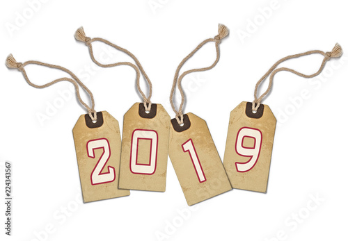 Textured tag with 2019 tied with brown string