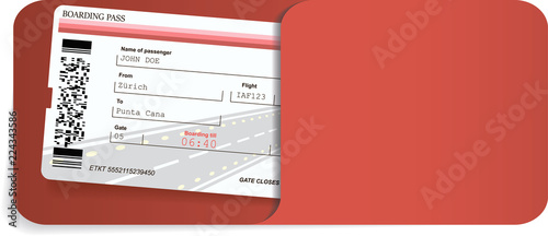 Illustration of airline ticket or boarding pass inside of red envelope.