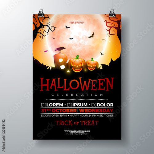 Halloween Party flyer vector illustration with scary faced pumpkin on mysterious moon background. Holiday design template with crow, spiders, cemetery and flying bats for party invitation, greeting