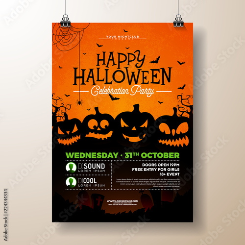 Halloween Party flyer vector illustration with scary faced pumpkins on orange background. Holiday design template with flying bats for party invitation, greeting card, banner or celebration poster.