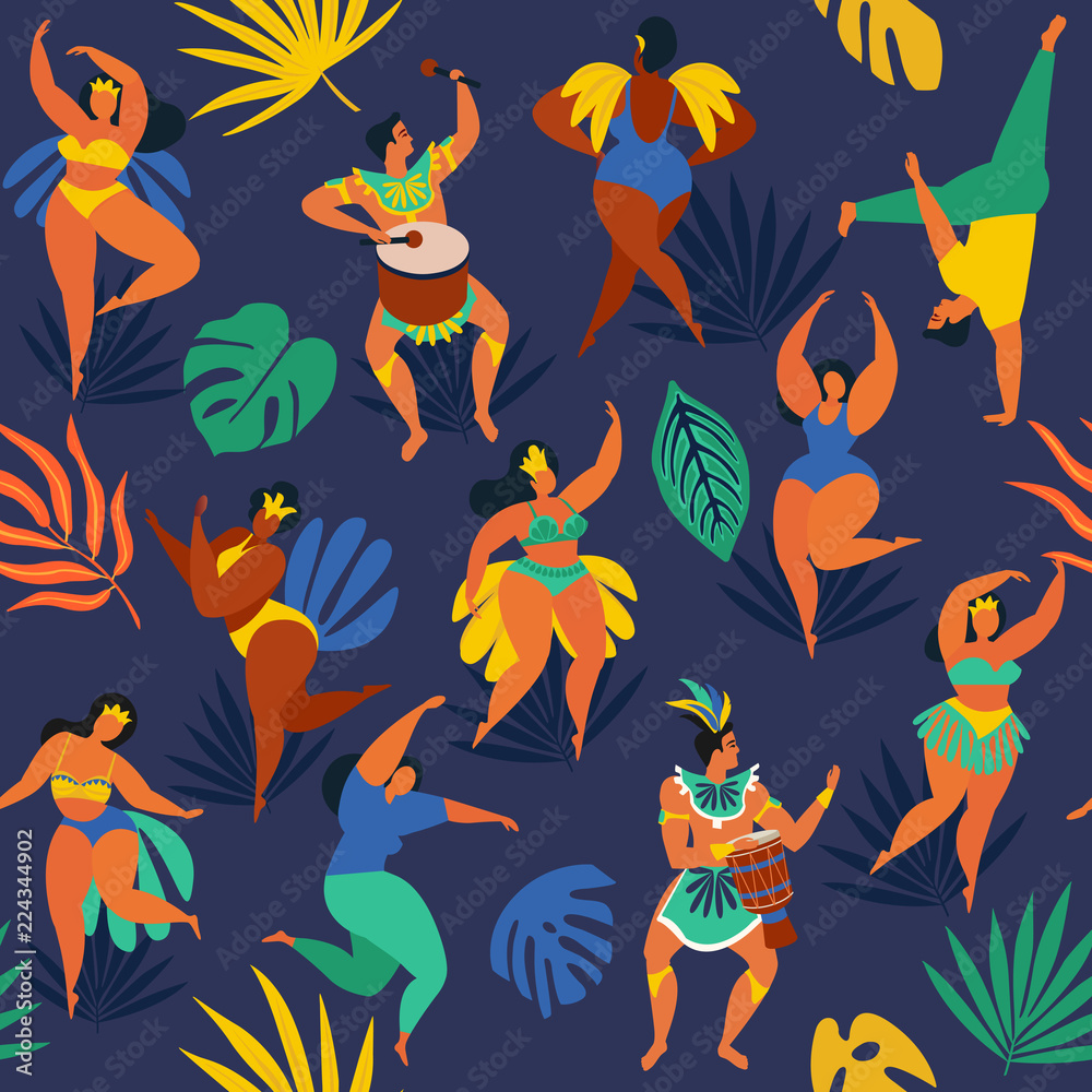 Obraz premium Brazil carnival. Vector seamless pattern with flat characters. Brazilian samba dancers of the carnival in Rio de Janeiro. Girls and boys in festive suits. Vector Illustration.