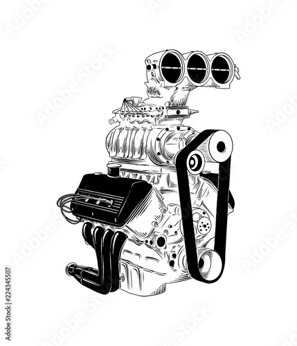 Vector engraved style illustration for posters, decoration and print. Hand drawn sketch of car engine in black isolated on white background. Detailed vintage etching style drawing.