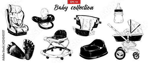 Vector engraved illustration for posters, decoration. Hand drawn sketch set of nipple, baby carriage, car seat, potty, foots, walker isolated on white background. Detailed vintage etching drawing.