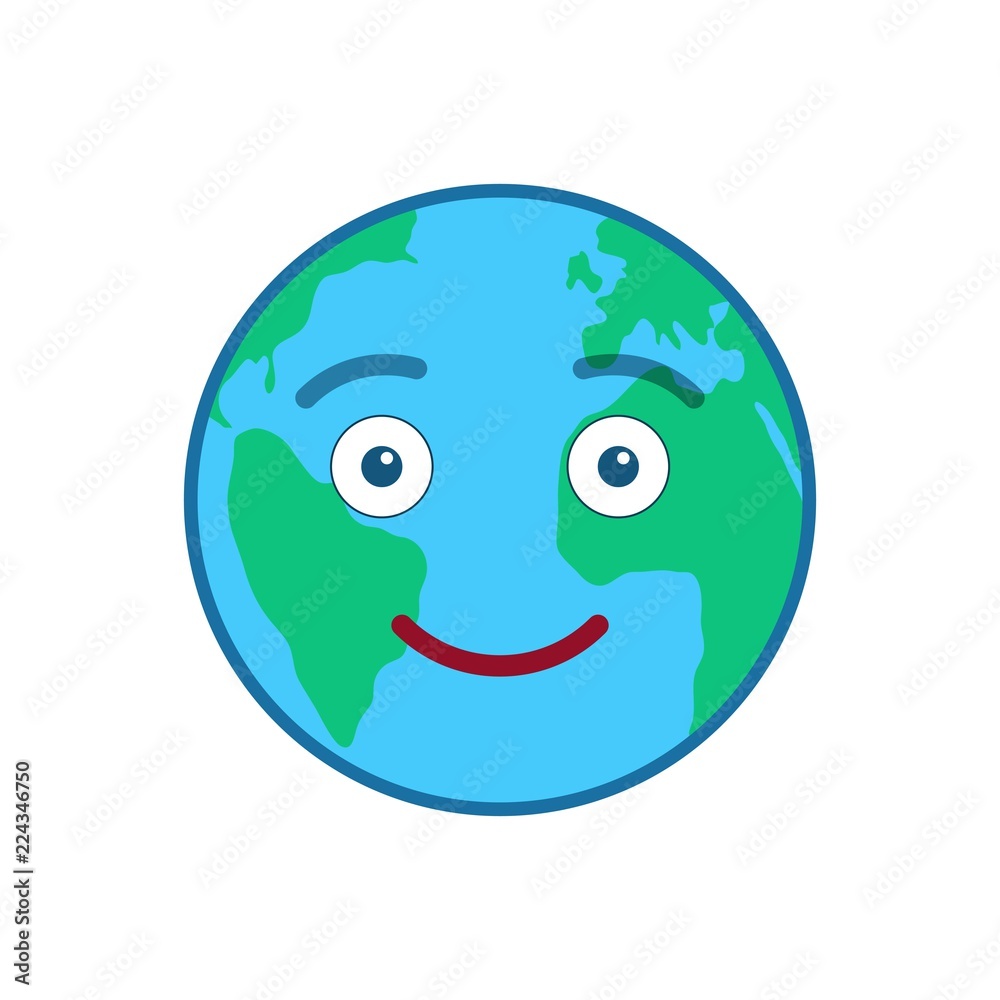 Smiley world globe isolated emoticon. Cheerful blue planet emoji. Social communication and weather widget sign. Charming face showing facial emotion. Funny earth icon. Weather forecast vector element
