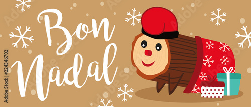 Caga Tio vector illustration. Traditional Christmas Celebration in Catalonia and Aragon, Spain. Merry Christmas lettering written in catalan.