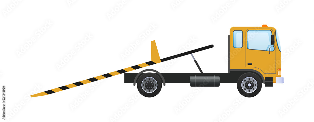 Tow truck with sliding platform, vehicle lifting with retractable ramps. Tow truck with sliding platform, vehicle lifting with retractable ramps.