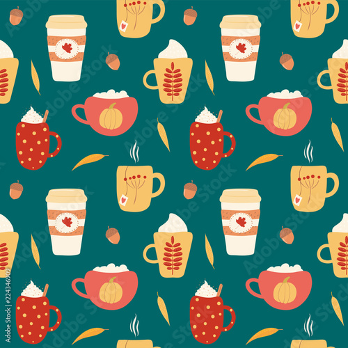 Seamless repeat pattern with different falling leaves, on a green background. Hand drawn vector illustration. Flat style design. Concept for autumn textile print, wallpaper, wrapping paper.