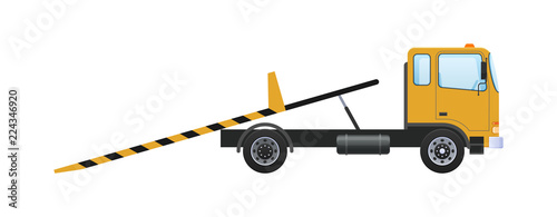 Tow truck with sliding platform, vehicle lifting with retractable ramps.