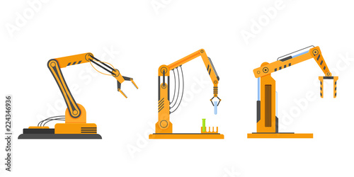 Industrial equipment in form arm robots, robotic equipment, factory machines.
