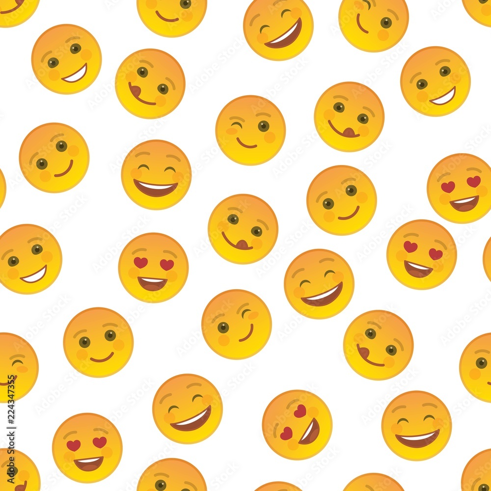Funny emoticons seamless pattern. Smile faces with facial expressions on white background. Festive background with cute and cheerful yellow emoticons. Positive smile emoji vector illustration Funny emoticons seamless pattern. Smile faces with facial expressions on white background. Festive background with cute and cheerful yellow emoticons. Positive smile emoji vector illustration