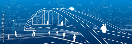 Fototapeta Most dla pieszych nad autostradą. Ludzie chodzą na ulicy miasta. Nowoczesne miasto nocą. Ilustracja infrastruktury, scena miejska. Białe linie na niebieskim tle. Sztuka projektowania wektorowego