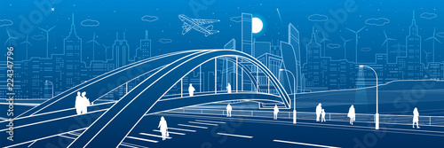 Pedestrian bridge over the highway. People walking on city street. Modern night town. Infrastructure illustration, urban scene. White lines on blue background. Vector design art 