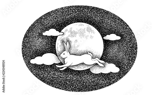White rabbit against the background of the moon