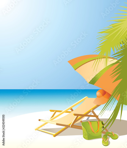 Background with sea, beach umbrella, chaise longue and beach accessories.