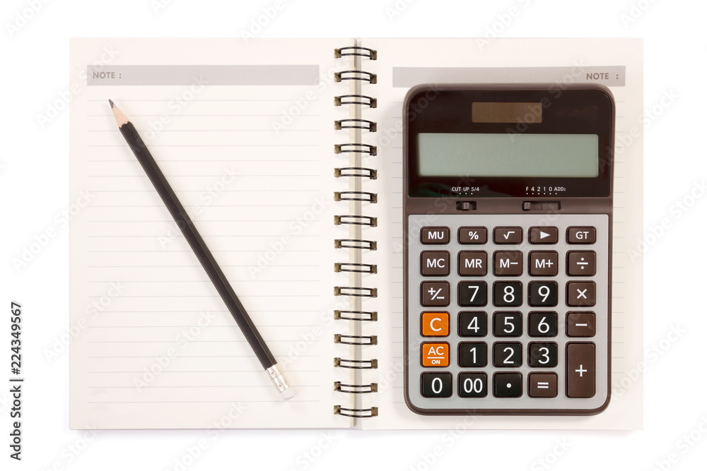 Notebook Pencil and Calculator on White Background. Notebook Pencil and Calculator on White Background.