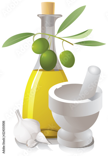 Bottle with olive oil and white mortar and pestle.