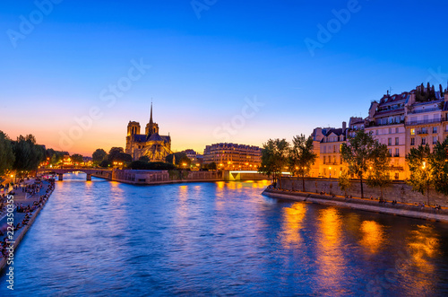 Night view of Cathedral Notre Dame de Paris, island Cite and river Seine in Paris, France