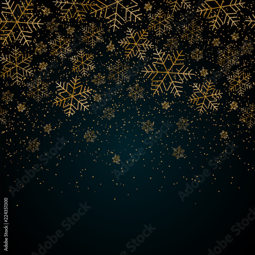 Christmas New Year background with gold snowflakes and glitter Blue festive winter background Christmas and New Year pattern of gold snowflakes Design element template holiday theme Vector