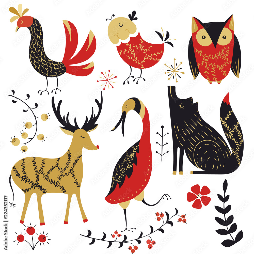 Fototapeta Folk collection.Deer,bird,wolf,owl. Scandinavian folk art pattern. Floral design