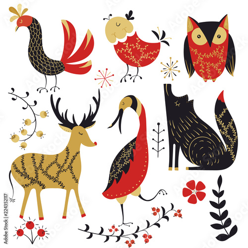 Folk collection.Deer,bird,wolf,owl. Scandinavian folk art pattern. Floral design