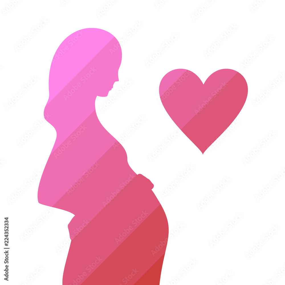Expecting pregnant mother. Pink silhouette, heart. Design element for pregnancy theme. Vector illustration.