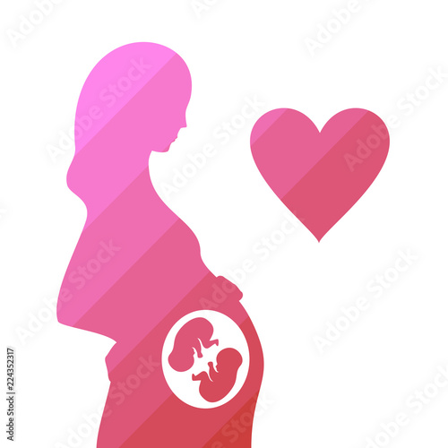 Expecting pregnant mother. Pink silhouette, twins. Design element for pregnancy theme. Vector illustration.