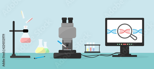 Genome sequencing concept. Flat vector illustration of laboratory in process. Microscope, computer, test tubes as illustration of research process. Healthcare banner template.