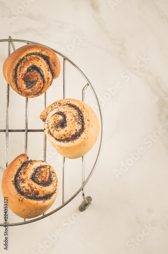 fresh rolls with poppy on a metal lattice/fresh rolls with poppy on a metal lattic on a white table. Top view photo