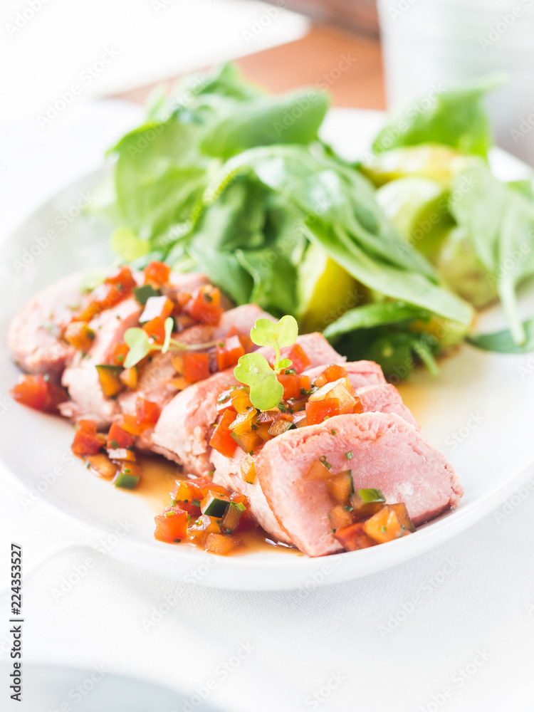Braised fresh tuna with hot salad