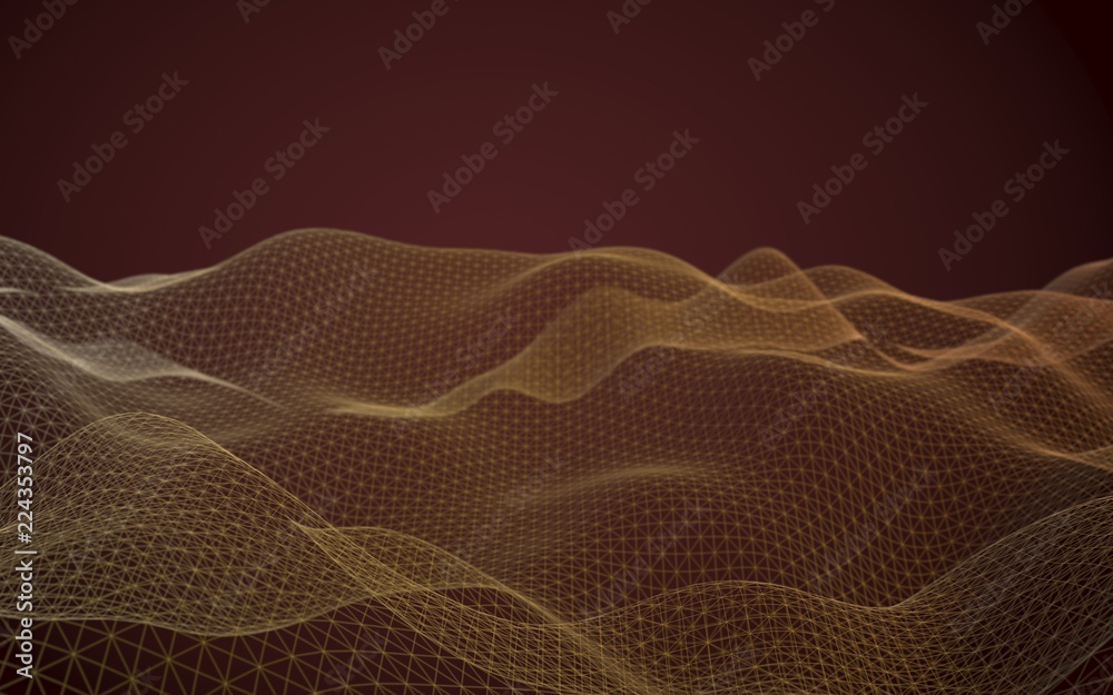 Abstract landscape on a brown background. Cyberspace grid. Hi-tech network. 3D illustration
