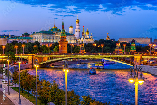 Moscow Kremlin and Moscow River at night in Moscow, Russia. Architecture and landmark of Moscow