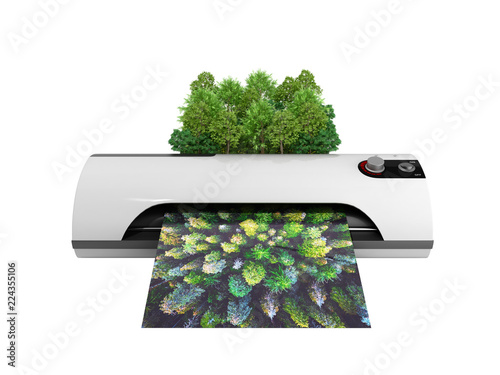 Modern high resolution wide format printing concept The real forest is transformed into an image passing through the printer 3d render on white no shadow photo