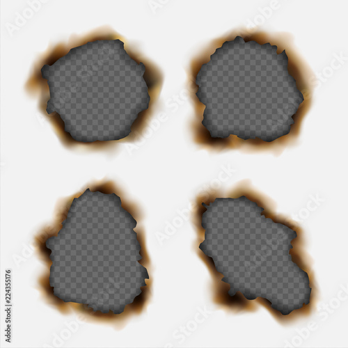 Vector set of realistic holes burnt in paper isolated on transparent background