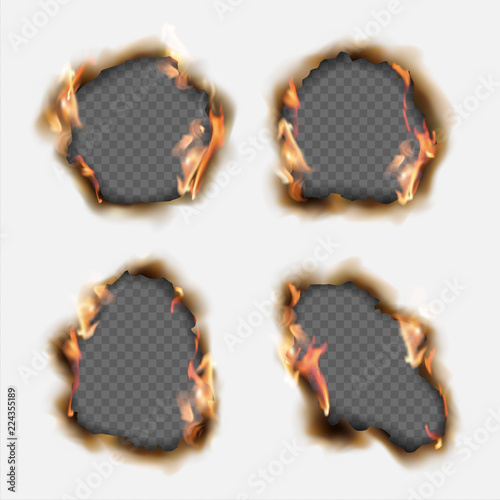 Vector set of realistic holes burnt in paper with brown edges and flames isolated on transparent background